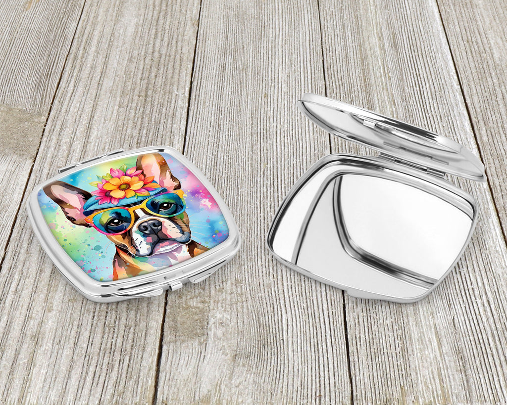Boston Terrier Hippie Dawg Compact Mirror Decorative Travel Makeup Mirror for Women Girls Gifts Pocket Makeup Mirror Folding Handheld