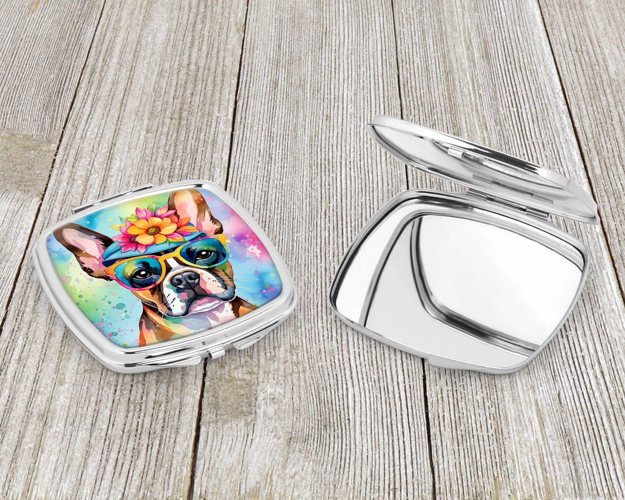 Boston Terrier Hippie Dawg Compact Mirror Decorative Travel Makeup Mirror for Women Girls Gifts Pocket Makeup Mirror Folding Handheld