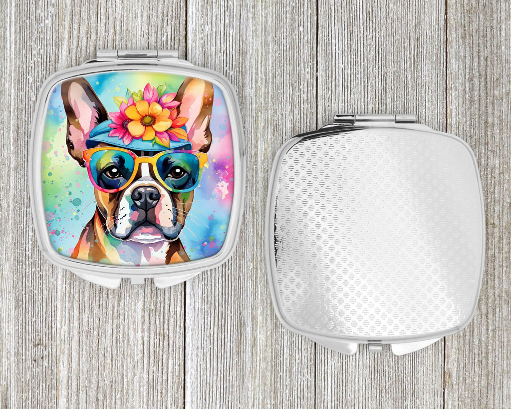 Boston Terrier Hippie Dawg Compact Mirror Decorative Travel Makeup Mirror for Women Girls Gifts Pocket Makeup Mirror Folding Handheld