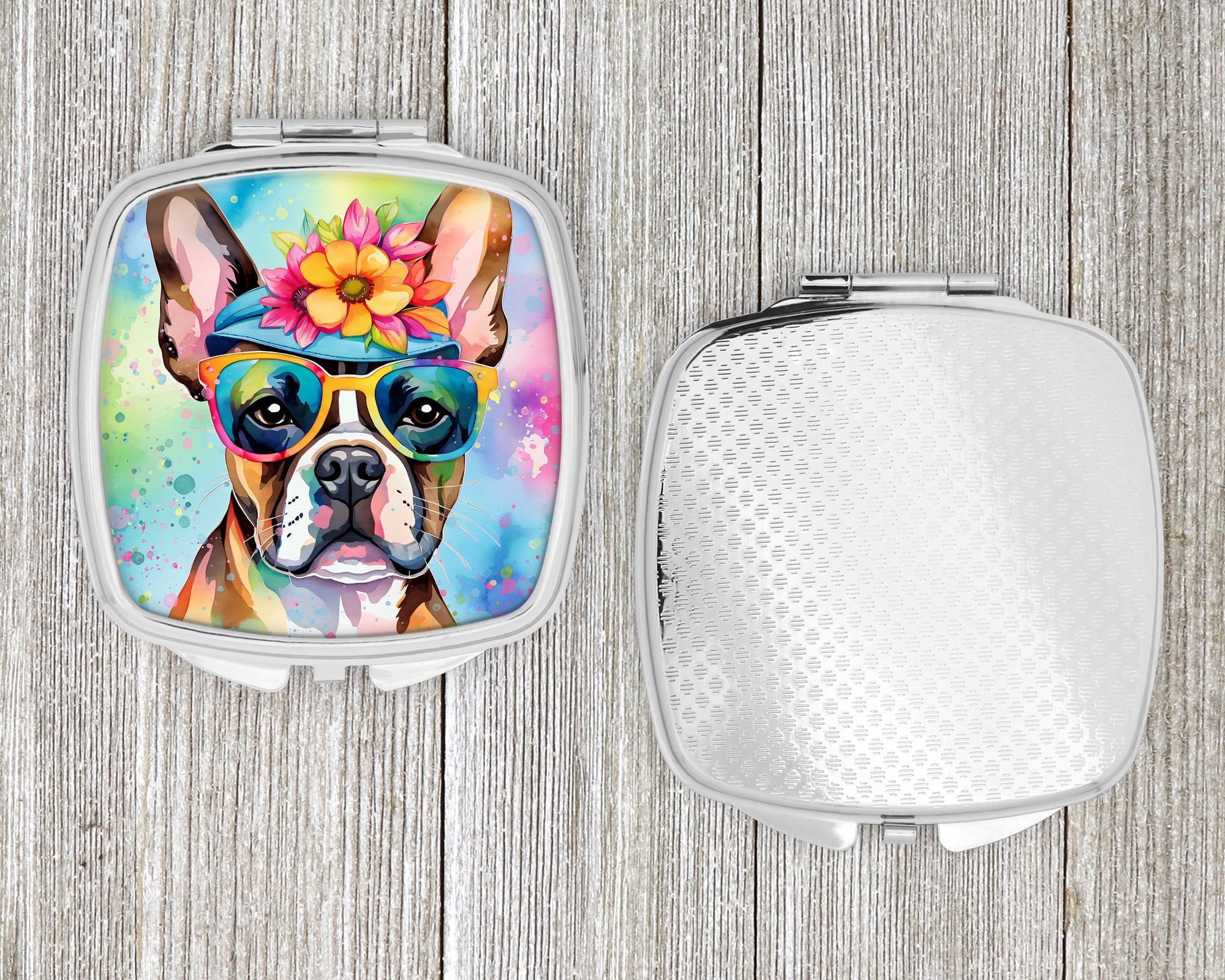 Boston Terrier Hippie Dawg Compact Mirror Decorative Travel Makeup Mirror for Women Girls Gifts Pocket Makeup Mirror Folding Handheld