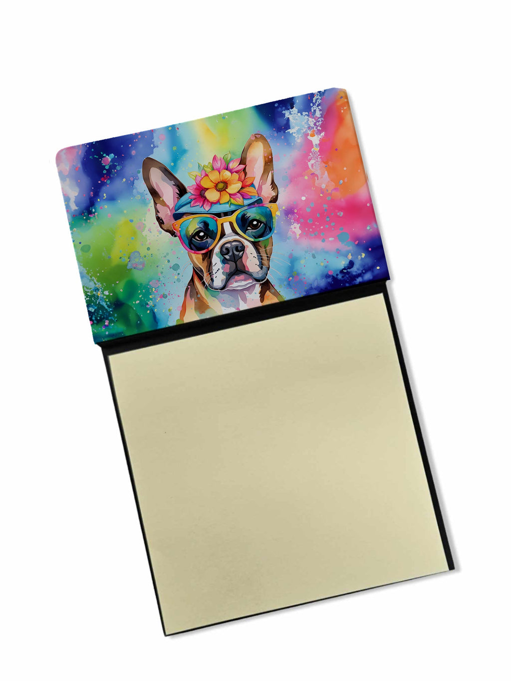 Boston Terrier Hippie Dawg Watercolor Sticky Note Holder Refillable Dispenser Desk Accessory 3x3 Pad Gift