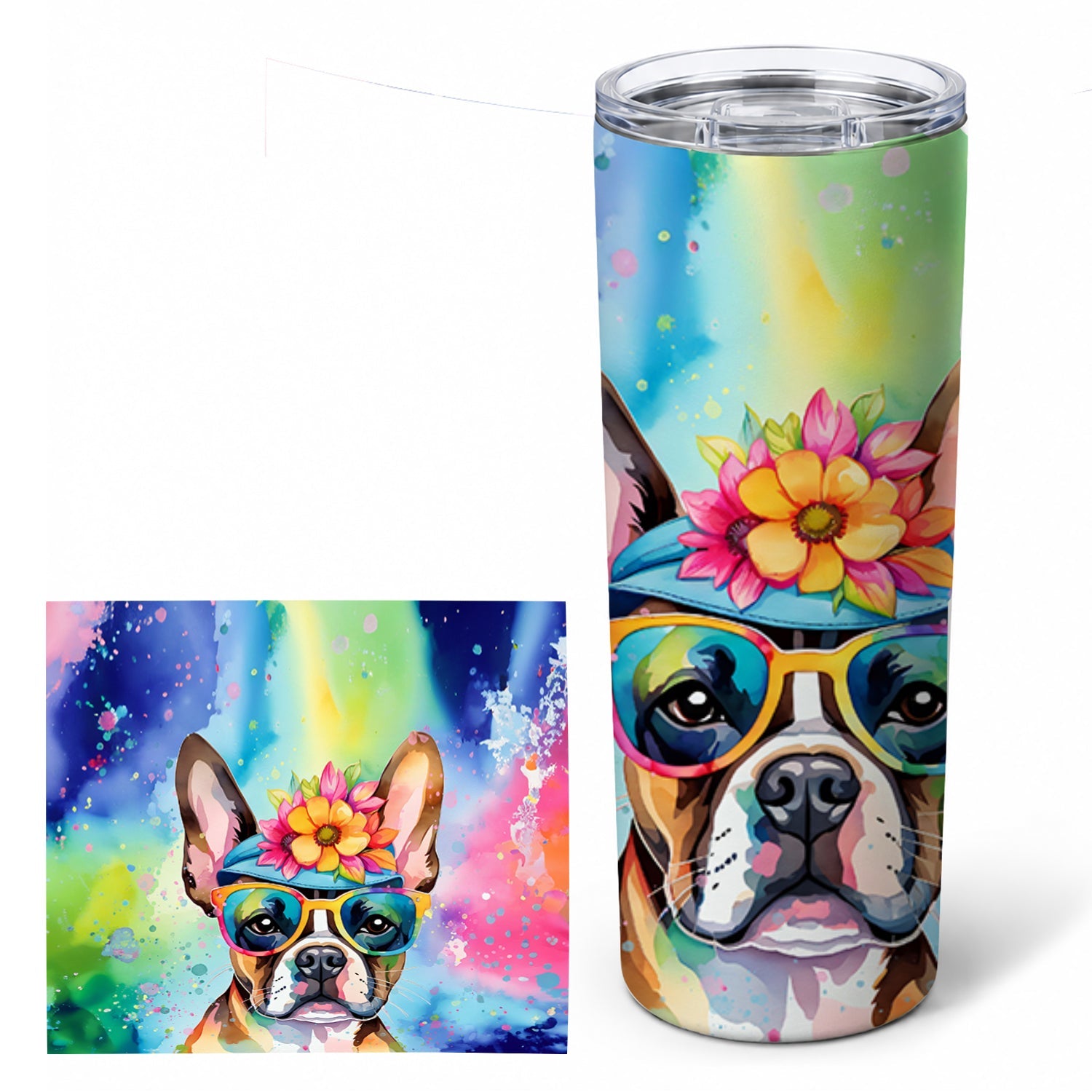 Boston Terrier Hippie Dawg Stainless Steel Skinny Tumbler 20 oz Vacuum Double Walled Reusable Insulated Travel Cup