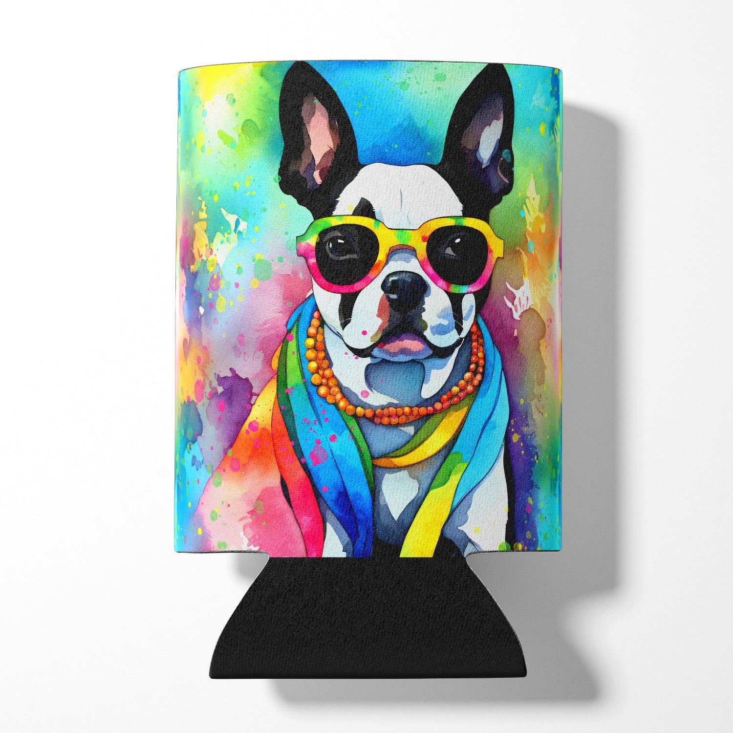 Boston Terrier Hippie Dawg Can or Bottle Hugger Cooler Sleeve for Standard 12 oz Cans, Insulated Foam Beer & Soda Can Hugger Reusable