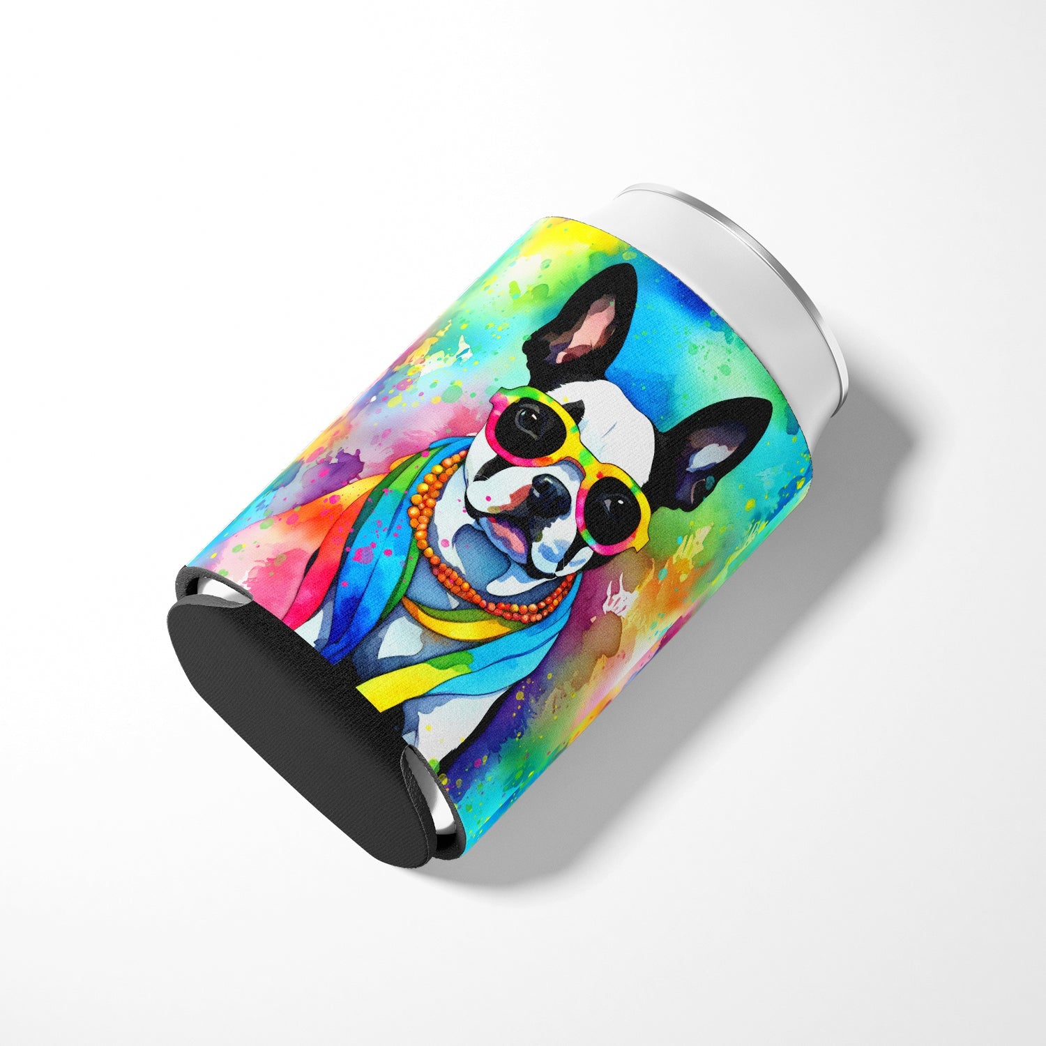 Boston Terrier Hippie Dawg Can or Bottle Hugger Cooler Sleeve for Standard 12 oz Cans, Insulated Foam Beer & Soda Can Hugger Reusable