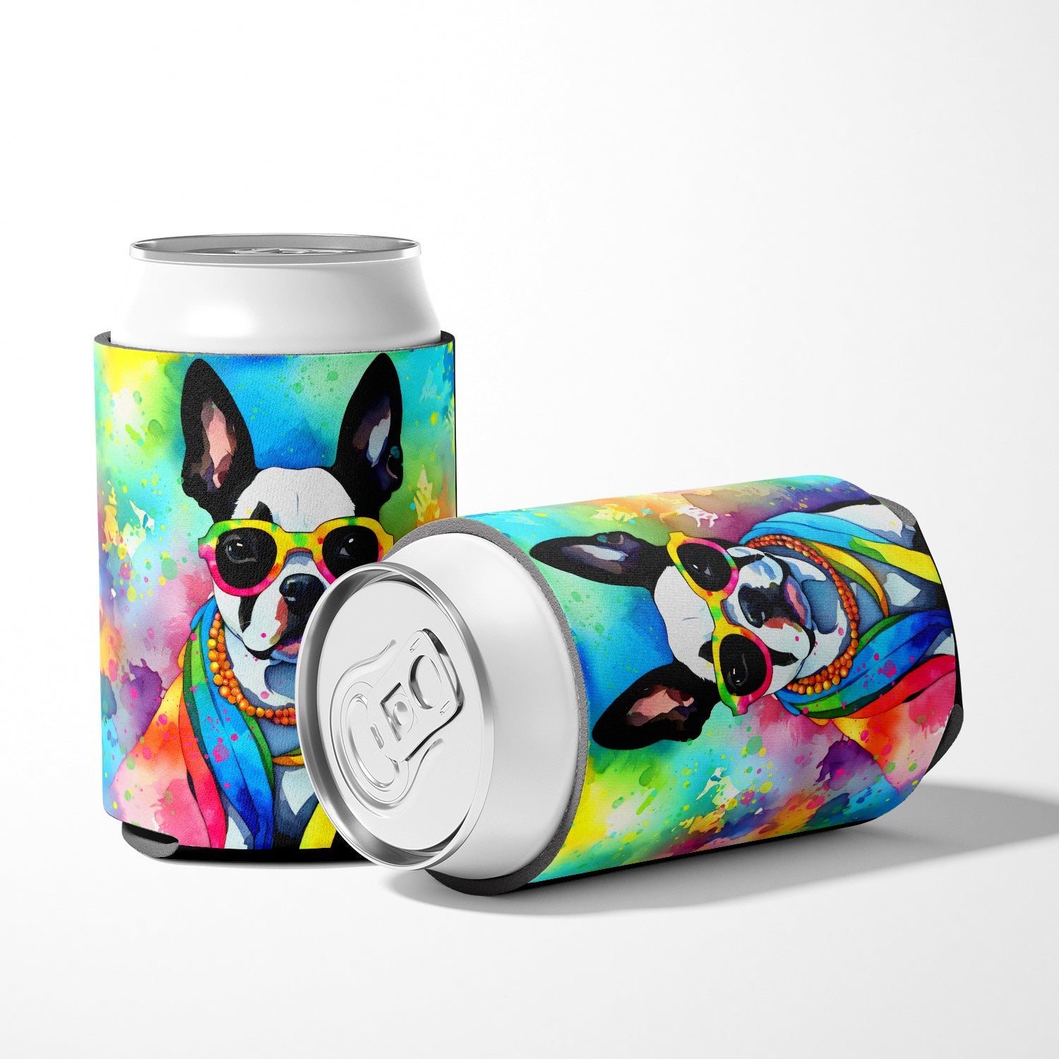 Boston Terrier Hippie Dawg Can or Bottle Hugger Cooler Sleeve for Standard 12 oz Cans, Insulated Foam Beer & Soda Can Hugger Reusable