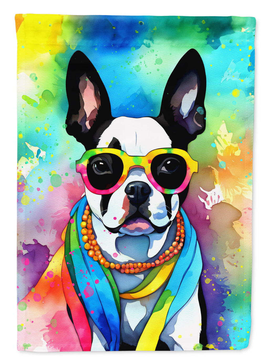 Boston Terrier Hippie Dawg House Flag 28x40 Porch Sleeve Pole Decorative Outside Yard Banner Artwork Wall Hanging, Polyester