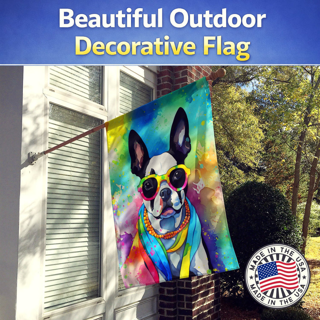 Boston Terrier Hippie Dawg House Flag 28x40 Porch Sleeve Pole Decorative Outside Yard Banner Artwork Wall Hanging, Polyester