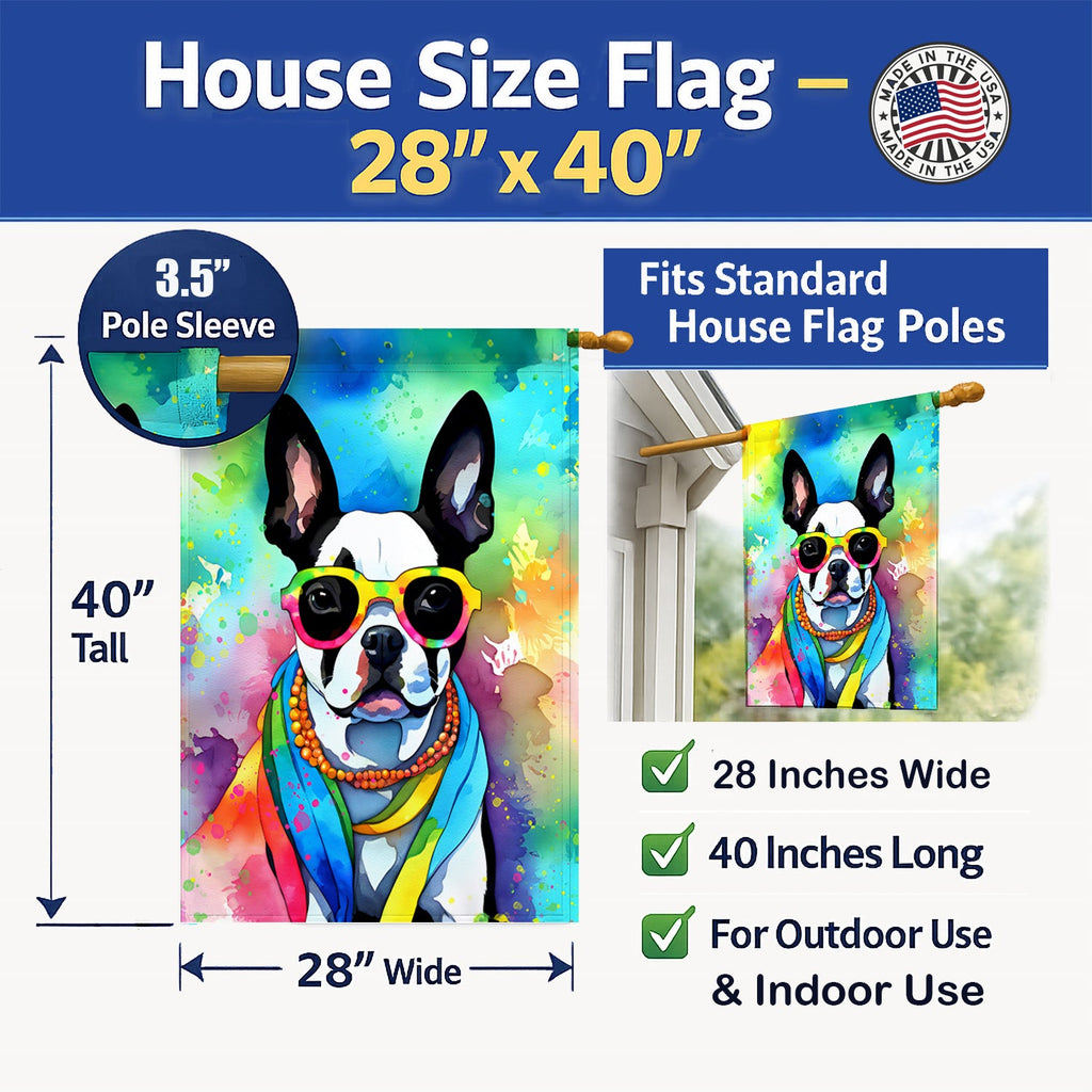 Boston Terrier Hippie Dawg House Flag 28x40 Porch Sleeve Pole Decorative Outside Yard Banner Artwork Wall Hanging, Polyester