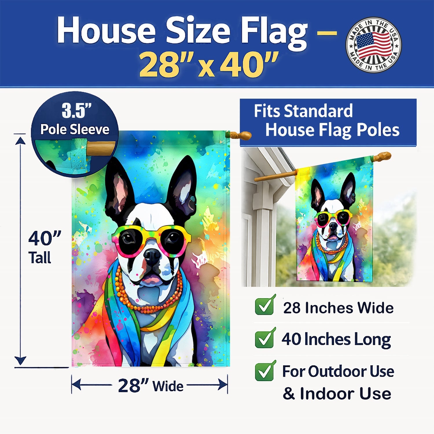Boston Terrier Hippie Dawg House Flag 28x40 Porch Sleeve Pole Decorative Outside Yard Banner Artwork Wall Hanging, Polyester