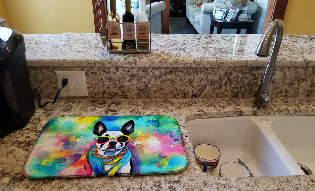 Boston Terrier Hippie Dawg Dish Drying Mat Absorbent Dish Drying Mat Pad for Kitchen Counter Dish Drainer Mat for Countertop, 14 x 21", Multicolor