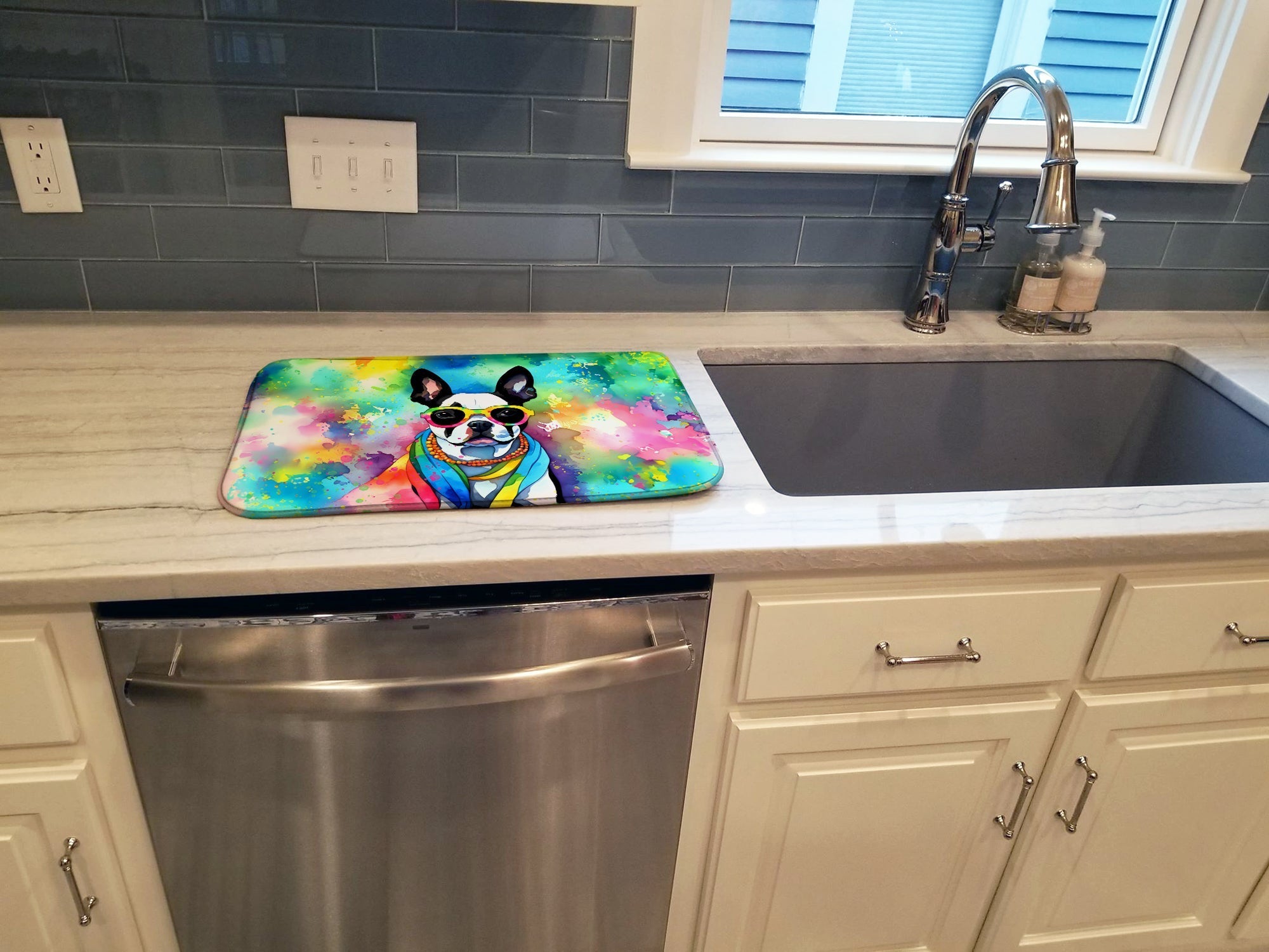 Boston Terrier Hippie Dawg Dish Drying Mat Absorbent Dish Drying Mat Pad for Kitchen Counter Dish Drainer Mat for Countertop, 14 x 21", Multicolor