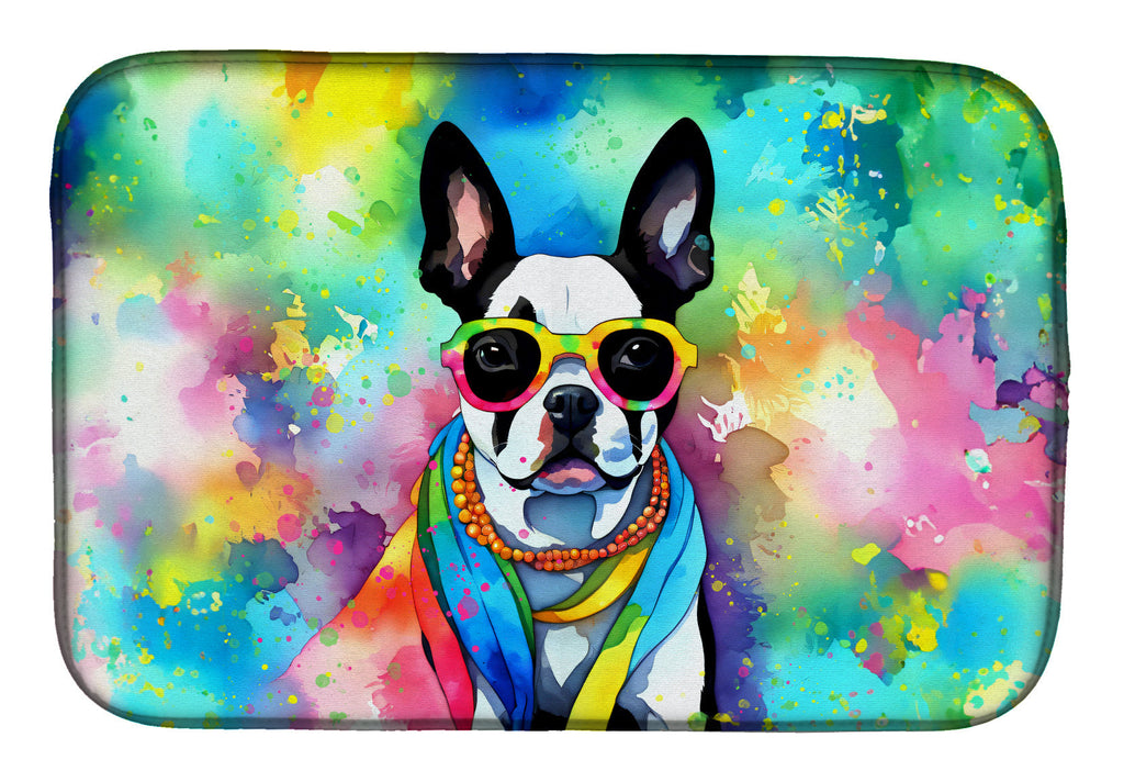 Boston Terrier Hippie Dawg Dish Drying Mat Absorbent Dish Drying Mat Pad for Kitchen Counter Dish Drainer Mat for Countertop, 14 x 21", Multicolor