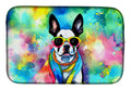 Boston Terrier Hippie Dawg Dish Drying Mat Absorbent Dish Drying Mat Pad for Kitchen Counter Dish Drainer Mat for Countertop, 14 x 21", Multicolor