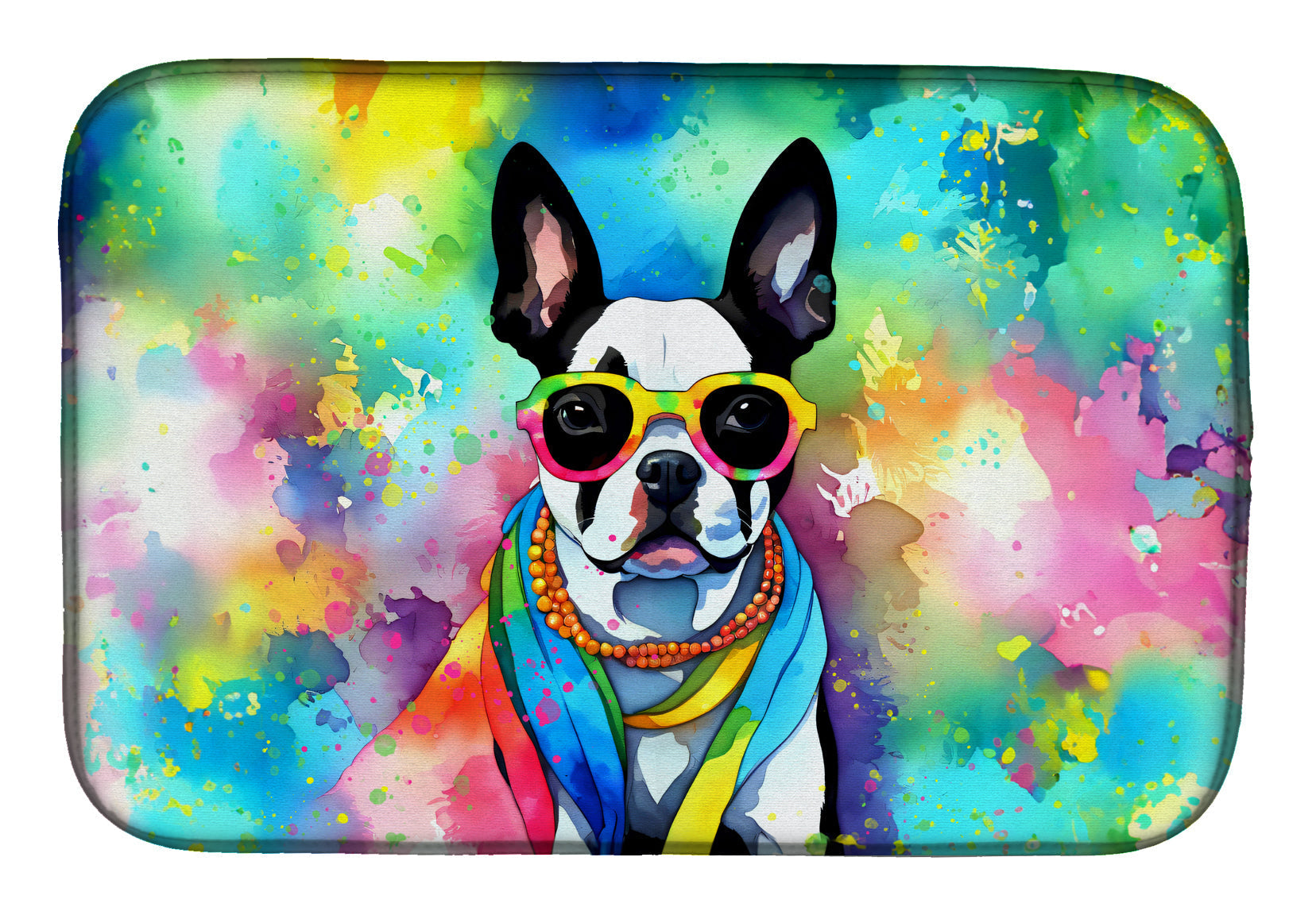 Boston Terrier Hippie Dawg Dish Drying Mat Absorbent Dish Drying Mat Pad for Kitchen Counter Dish Drainer Mat for Countertop, 14 x 21", Multicolor
