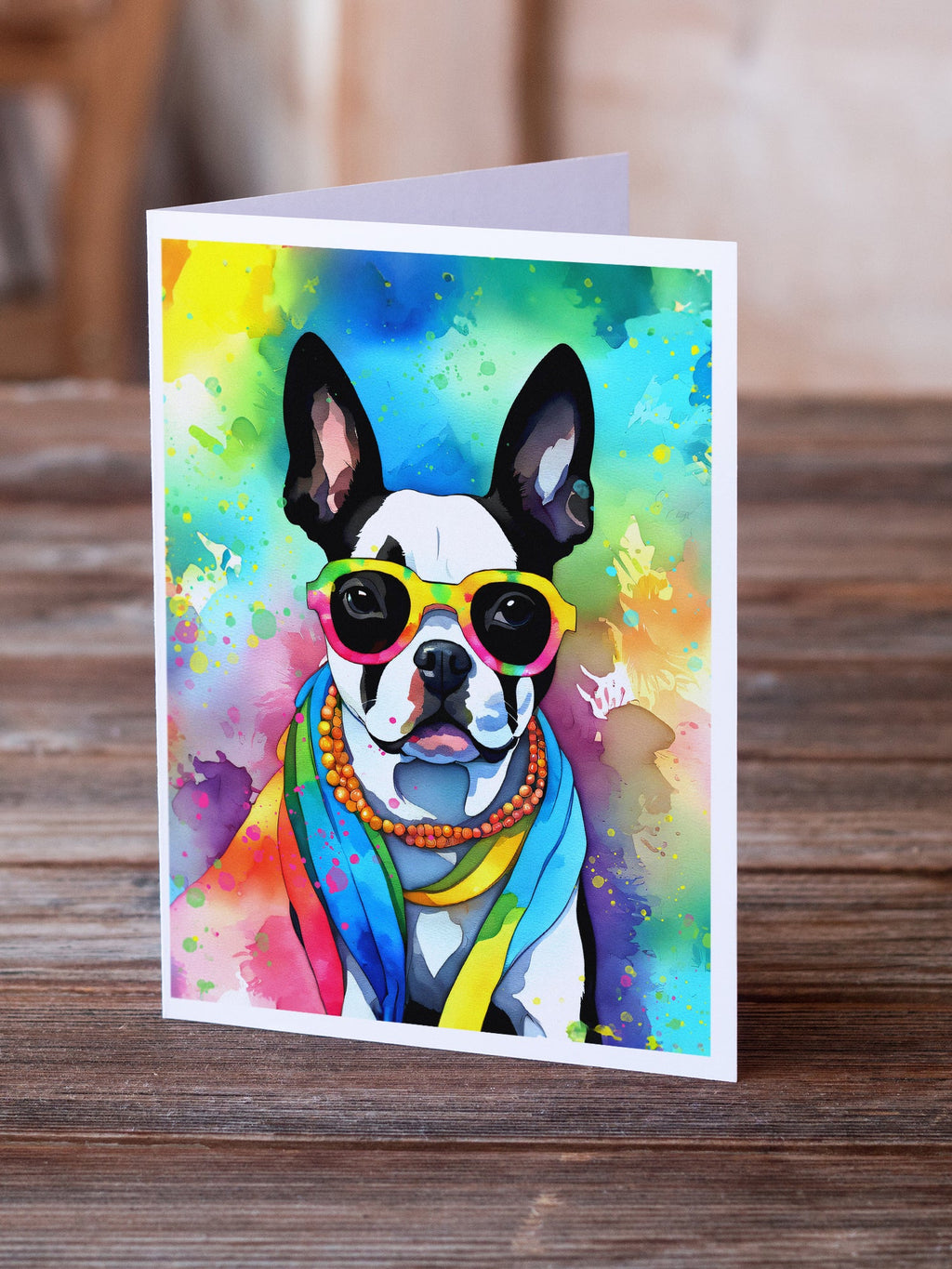 Boston Terrier Hippie Dawg Greeting Cards Pack of 8 Blank Cards with Envelopes Whimsical A7 Size 5x7