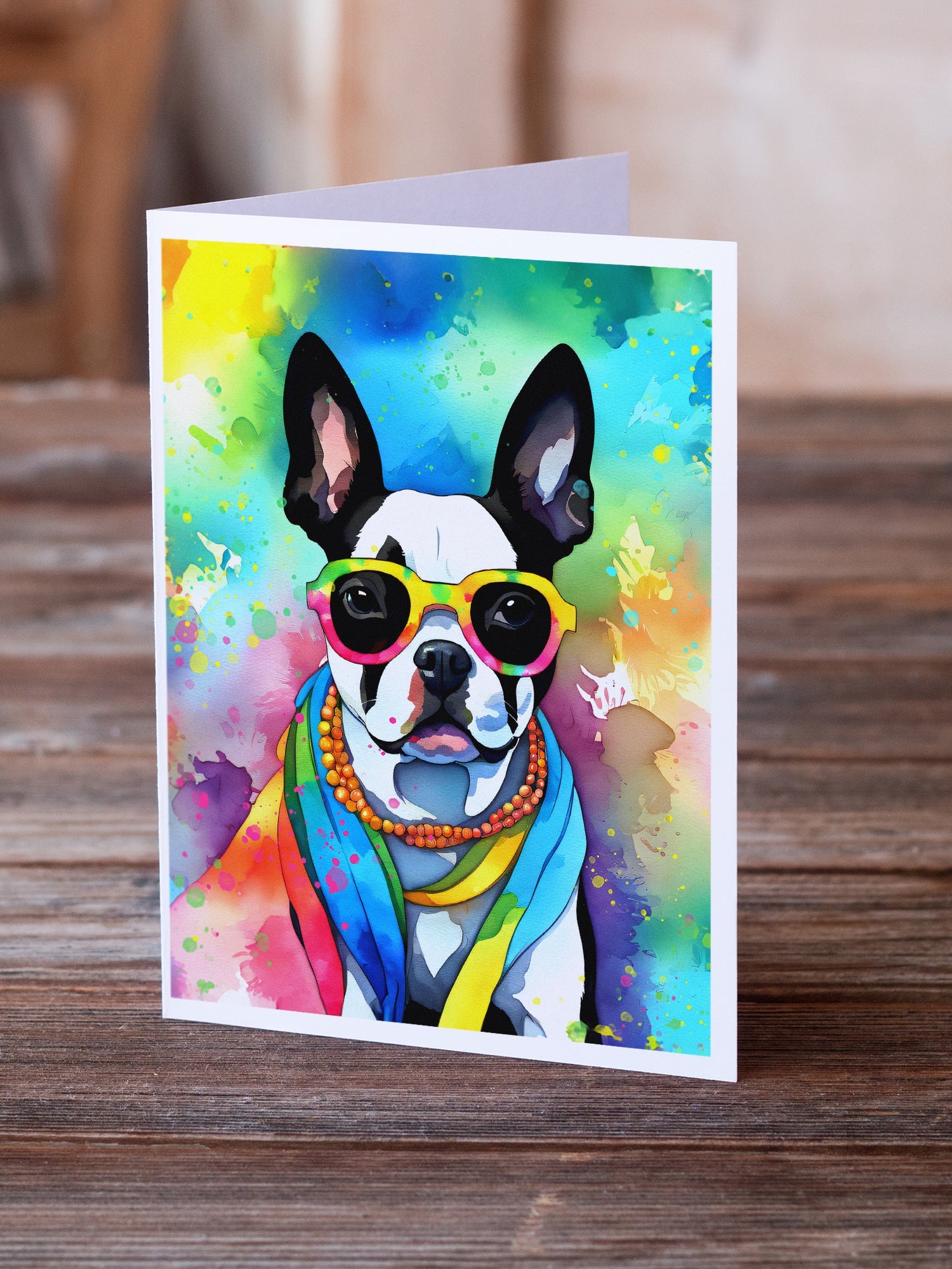 Boston Terrier Hippie Dawg Greeting Cards Pack of 8 Blank Cards with Envelopes Whimsical A7 Size 5x7