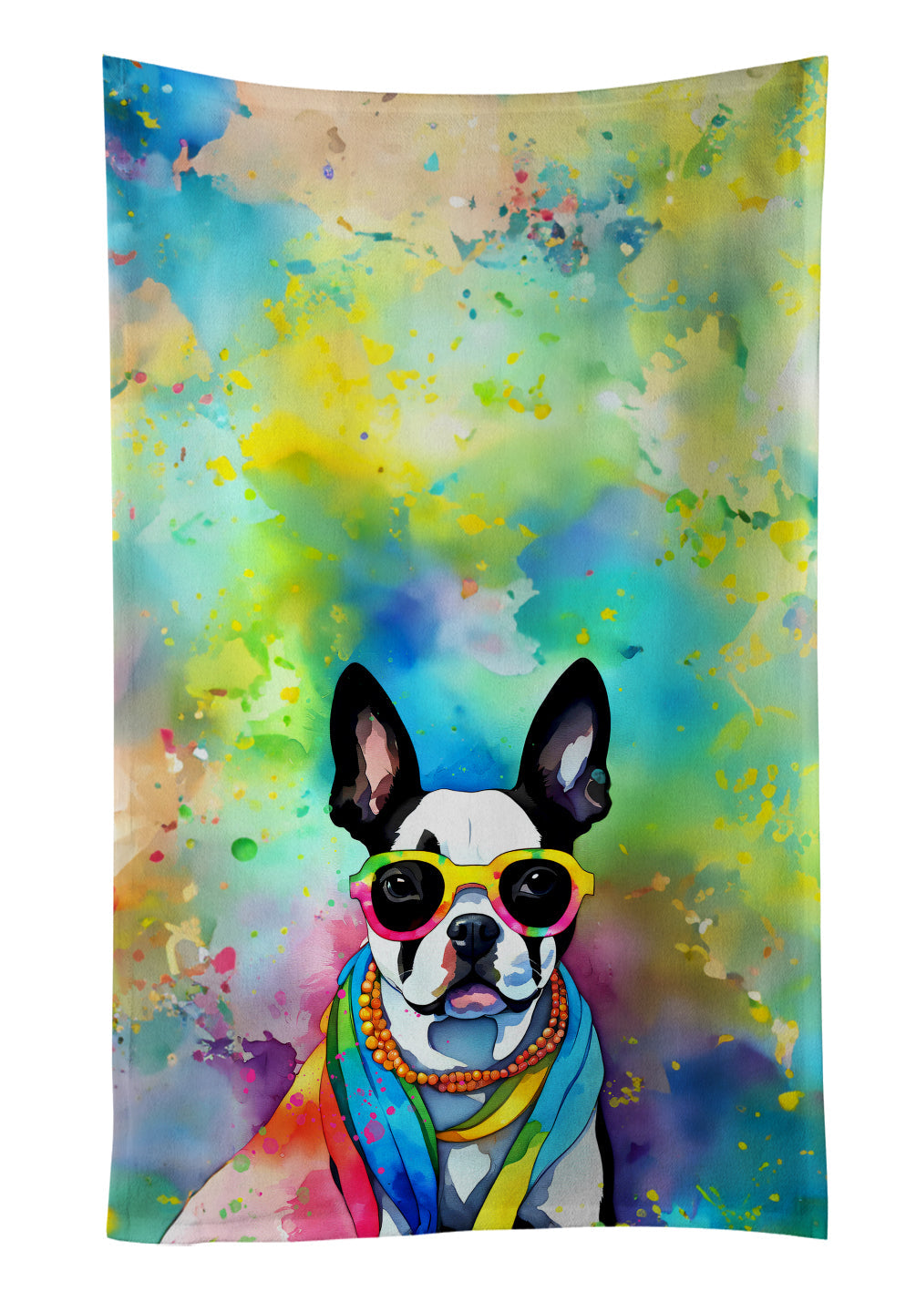 Boston Terrier Hippie Dawg Kitchen Towel Velour Plush Front and Cotton Loop Back Machine Washable