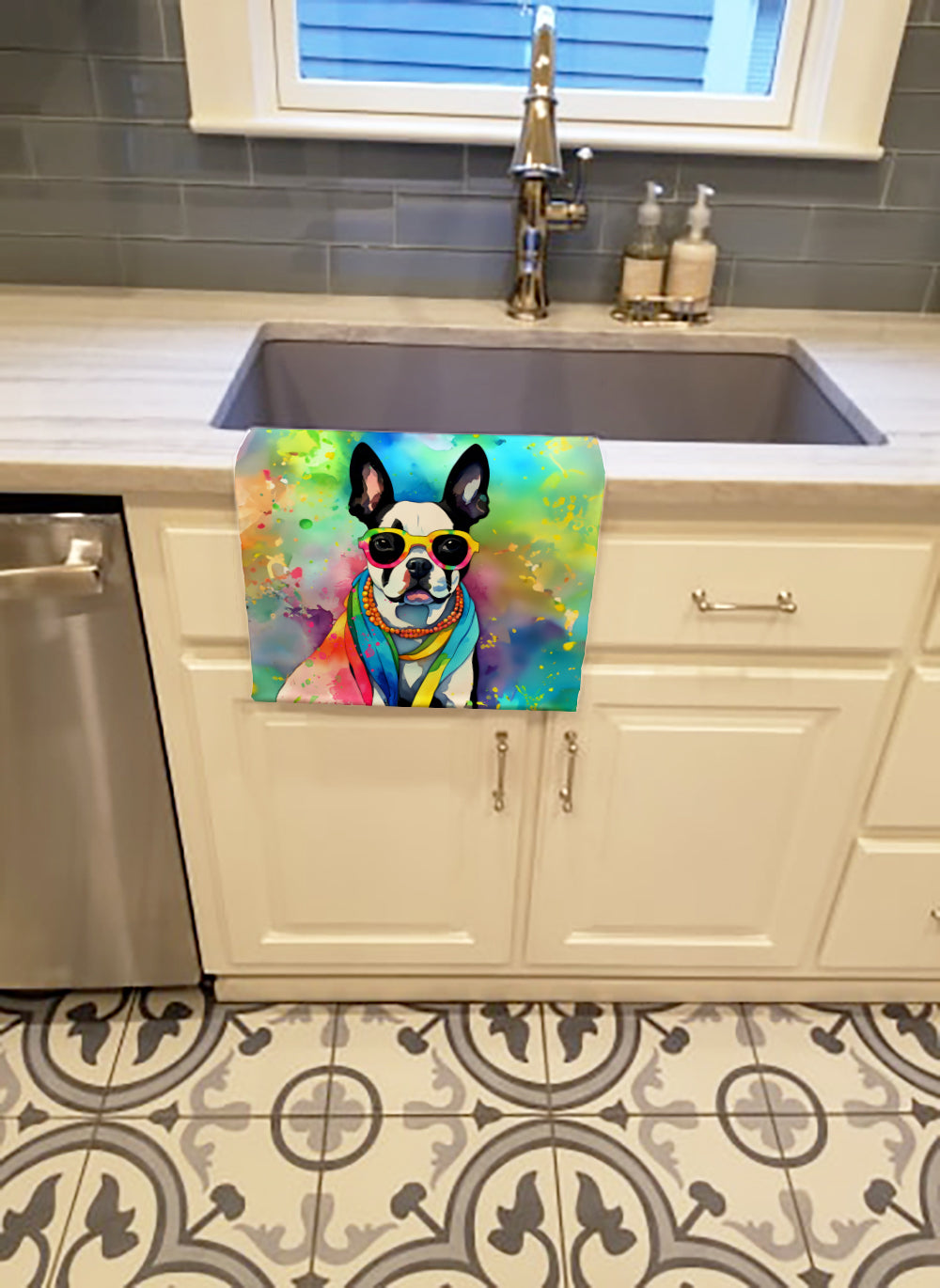 Boston Terrier Hippie Dawg Kitchen Towel Velour Plush Front and Cotton Loop Back Machine Washable