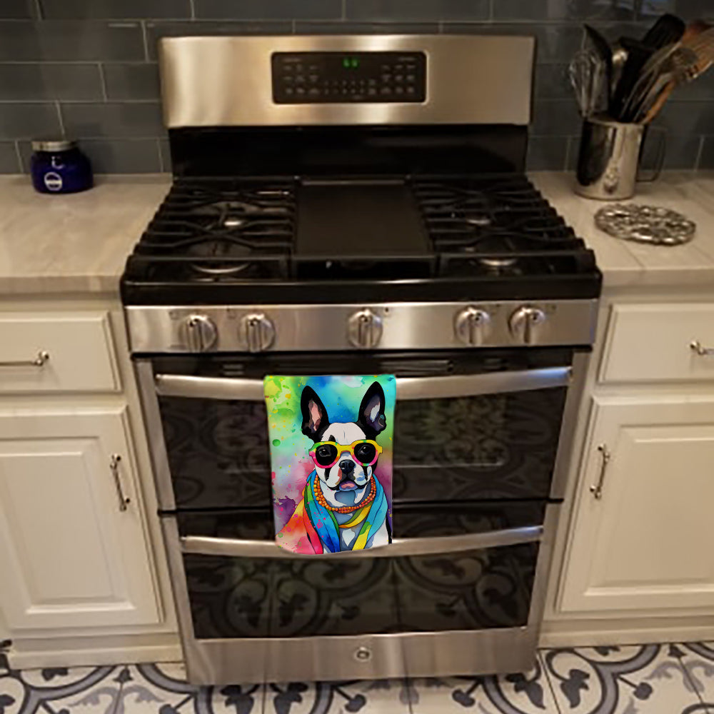Boston Terrier Hippie Dawg Kitchen Towel Velour Plush Front and Cotton Loop Back Machine Washable