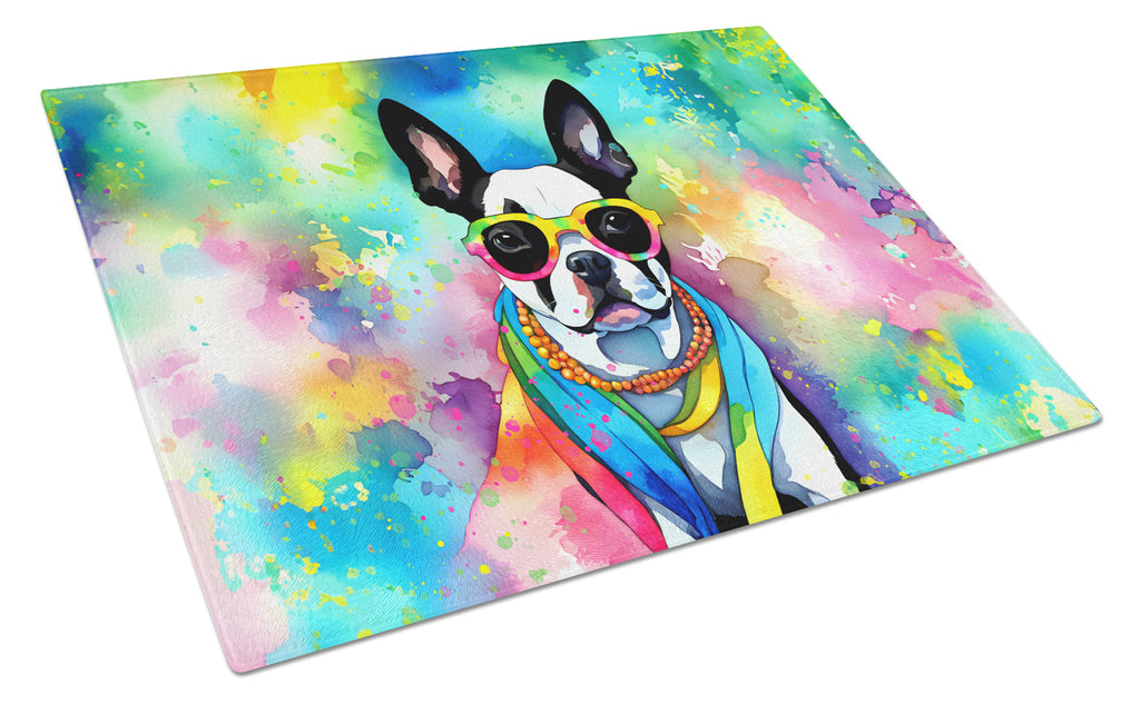 Boston Terrier Hippie Dawg Cutting Board Tempered Glass Kitchen Cutting Surface, Heat Resistant Chopping, Non-Slip Feet, Food Prep & Serving
