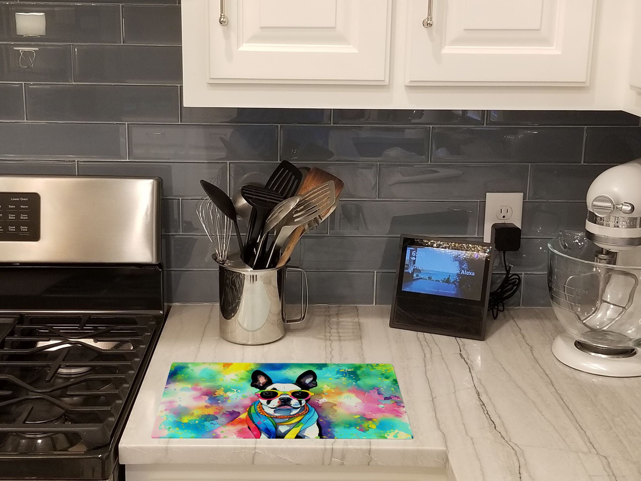 Boston Terrier Hippie Dawg Cutting Board Tempered Glass Kitchen Cutting Surface, Heat Resistant Chopping, Non-Slip Feet, Food Prep & Serving