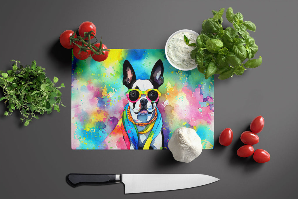Boston Terrier Hippie Dawg Cutting Board Tempered Glass Kitchen Cutting Surface, Heat Resistant Chopping, Non-Slip Feet, Food Prep & Serving