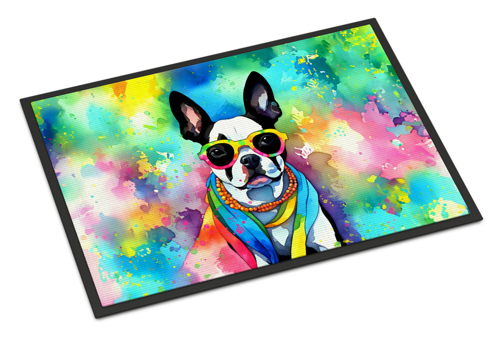 Boston Terrier Hippie Dawg Doormat Indoor Outdoor 18H X 27W Front Door Mat Rugs for Entryway, Non Slip Washable