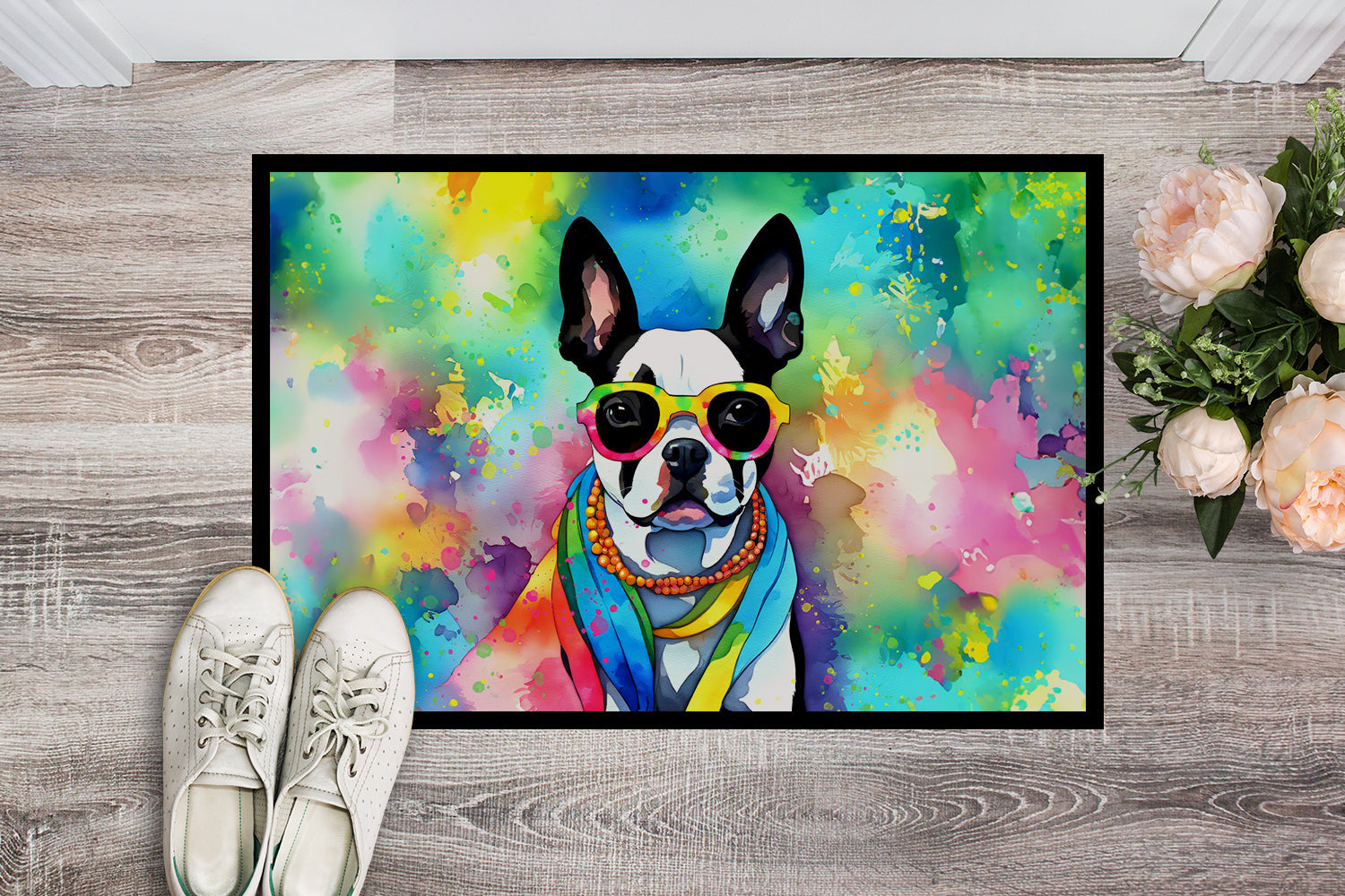 Boston Terrier Hippie Dawg Doormat Indoor Outdoor 18H X 27W Front Door Mat Rugs for Entryway, Non Slip Washable