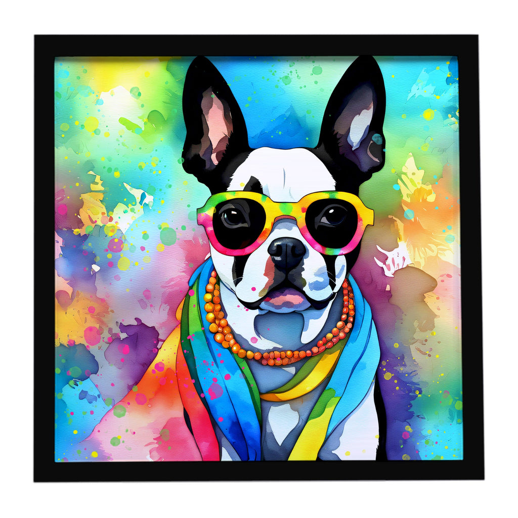 Boston Terrier Hippie Dawg Framed Metal Print Bathroom, Kitchen, Office, Home Decor Wall Art Ready to Hang, Square, 8X8