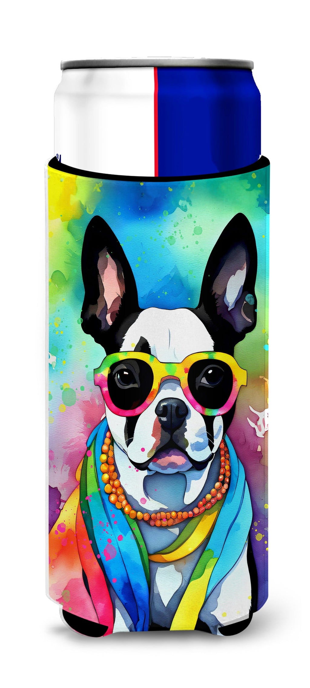 Boston Terrier Hippie Dawg Slim Can Hugger , Insulated Foam Hugger for 12 oz Slim Cans, Beer Bottles & Water Bottles, Printed in USA