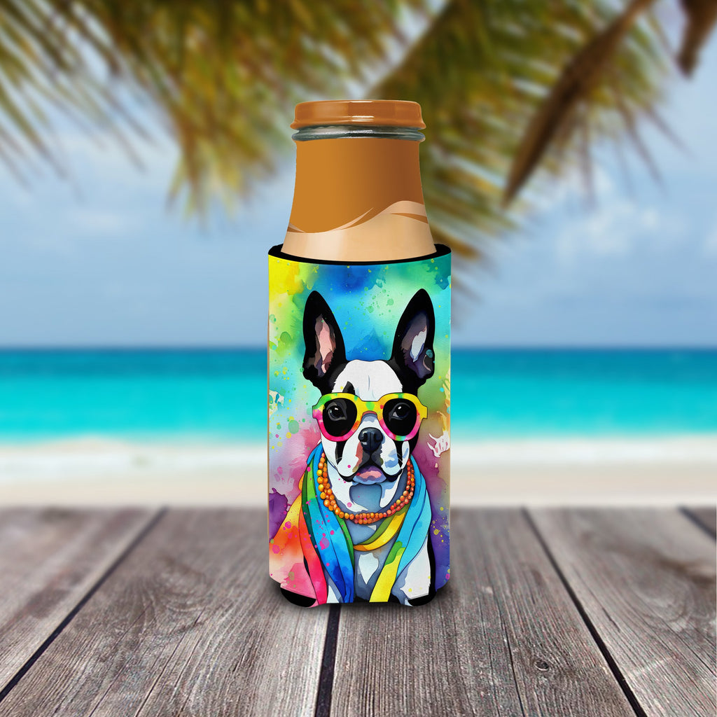 Boston Terrier Hippie Dawg Slim Can Hugger , Insulated Foam Hugger for 12 oz Slim Cans, Beer Bottles & Water Bottles, Printed in USA