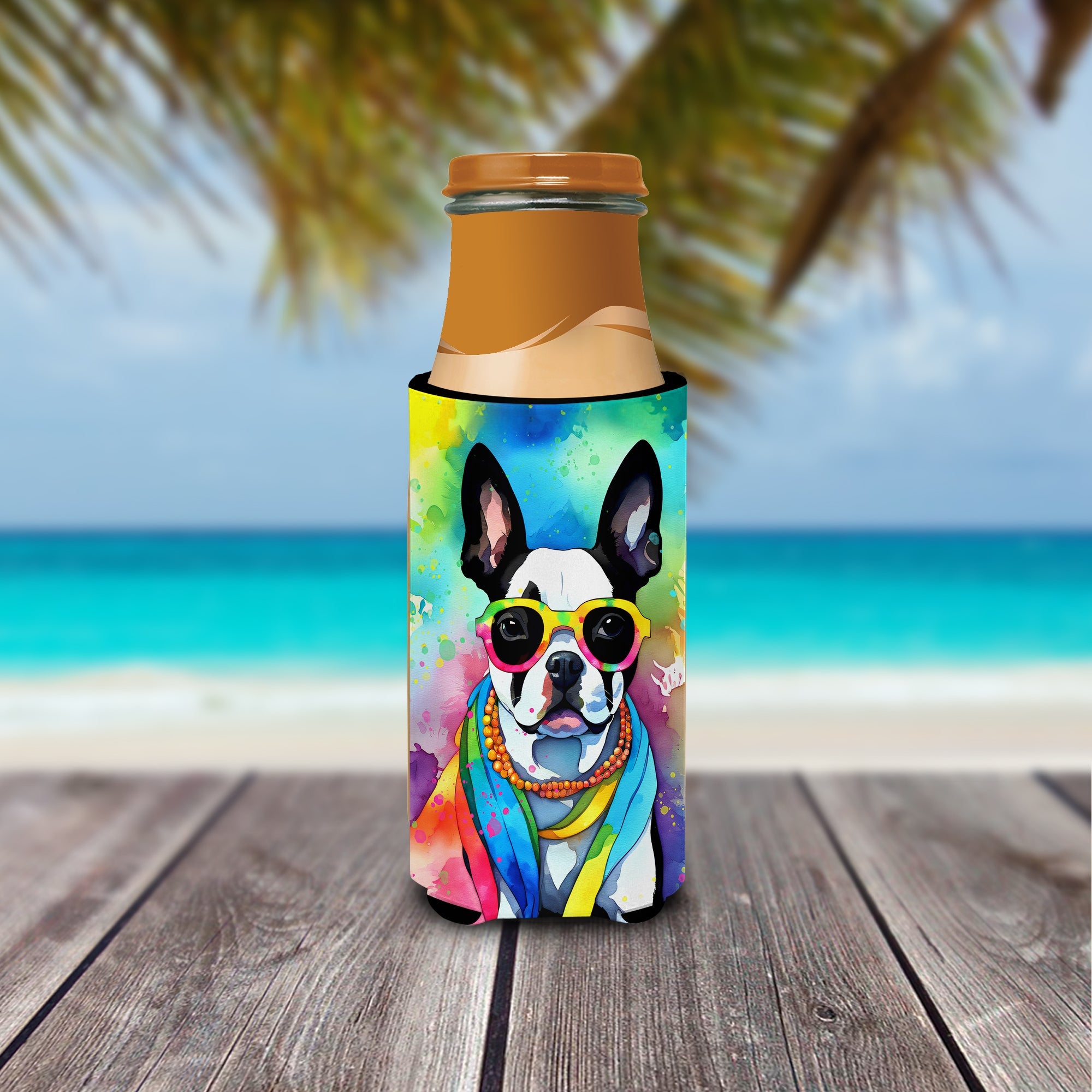 Boston Terrier Hippie Dawg Slim Can Hugger , Insulated Foam Hugger for 12 oz Slim Cans, Beer Bottles & Water Bottles, Printed in USA