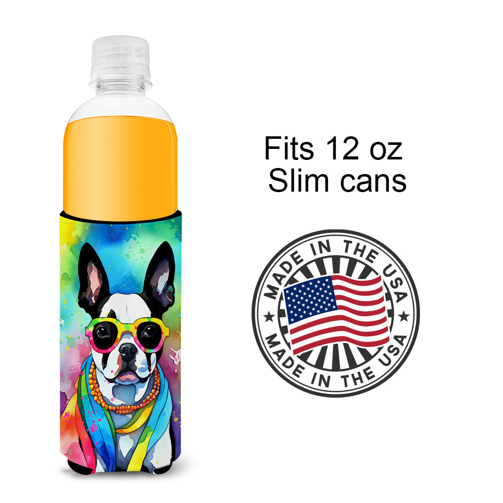 Boston Terrier Hippie Dawg Slim Can Hugger , Insulated Foam Hugger for 12 oz Slim Cans, Beer Bottles & Water Bottles, Printed in USA