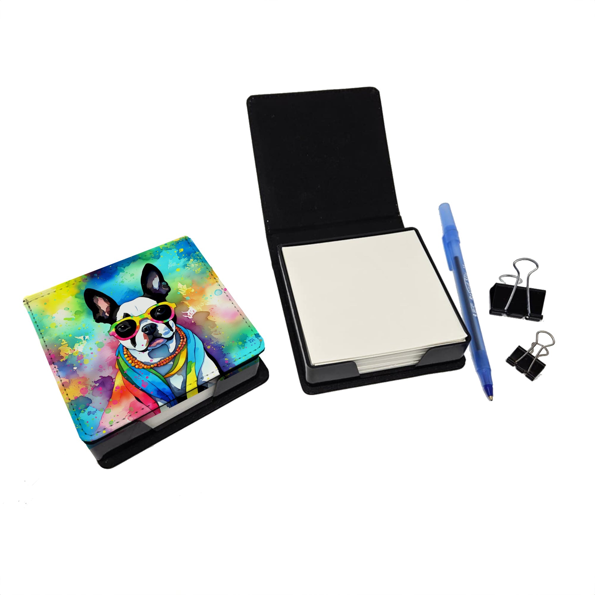 Boston Terrier Hippie Dawg PU Leather Note Paper Holder with Artist-Designed Cover, Desk Accessory, Office Gift