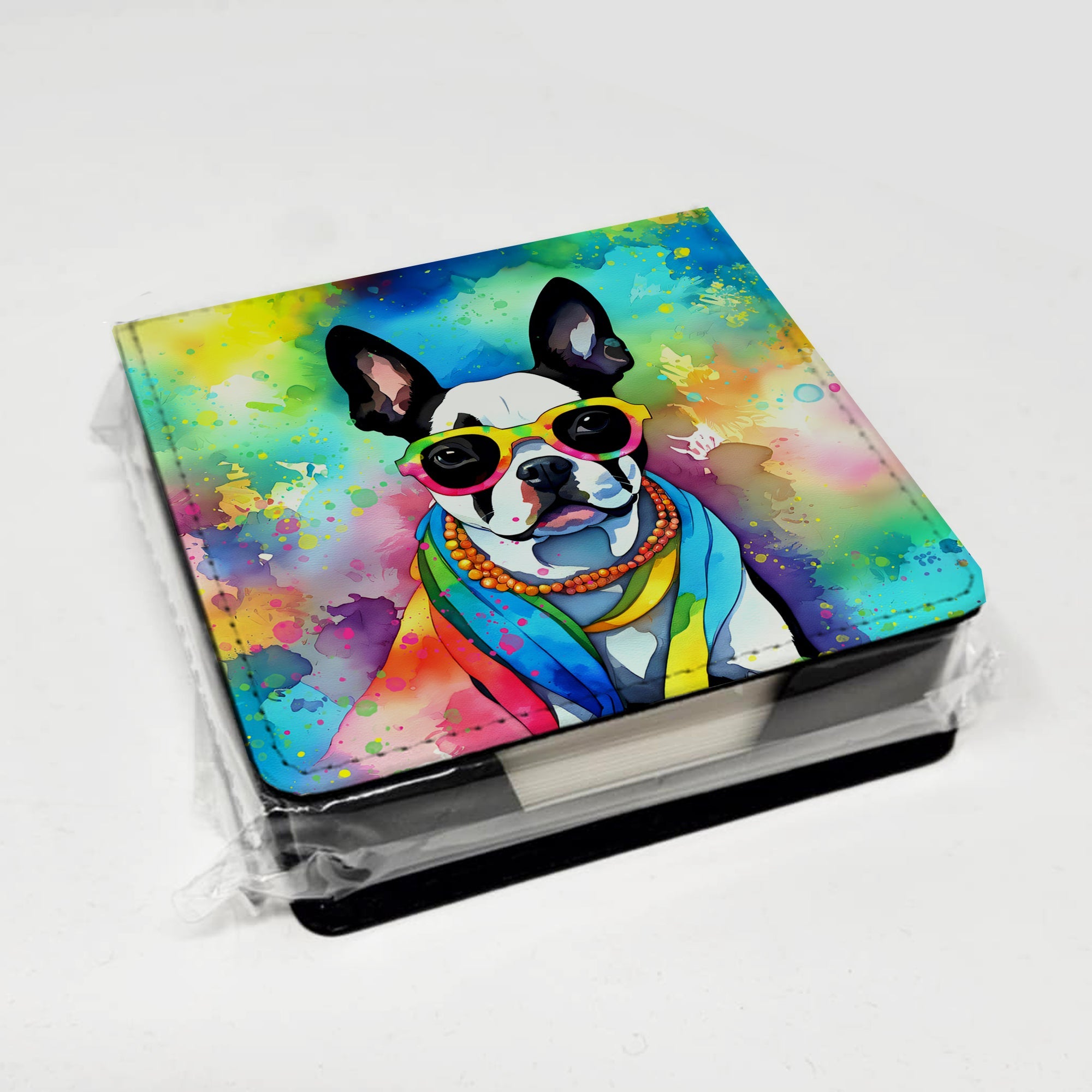 Boston Terrier Hippie Dawg PU Leather Note Paper Holder with Artist-Designed Cover, Desk Accessory, Office Gift