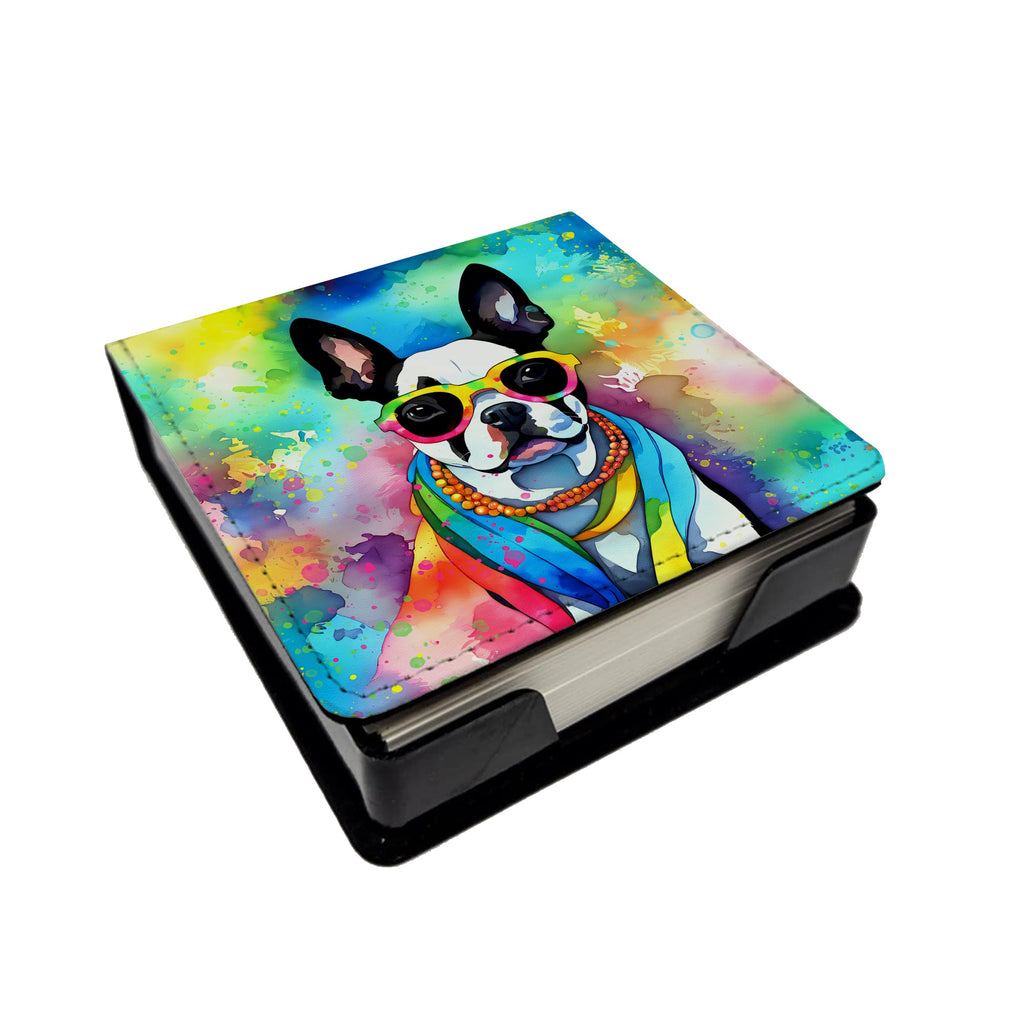 Boston Terrier Hippie Dawg PU Leather Note Paper Holder with Artist-Designed Cover, Desk Accessory, Office Gift