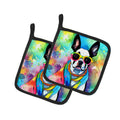 Boston Terrier Hippie Dawg Pot Holder Set of 2 Heat Resistant Quilted Hot Pads 7.5 x 7.5 Inch, Insulated Kitchen Trivets for Cooking & Baking