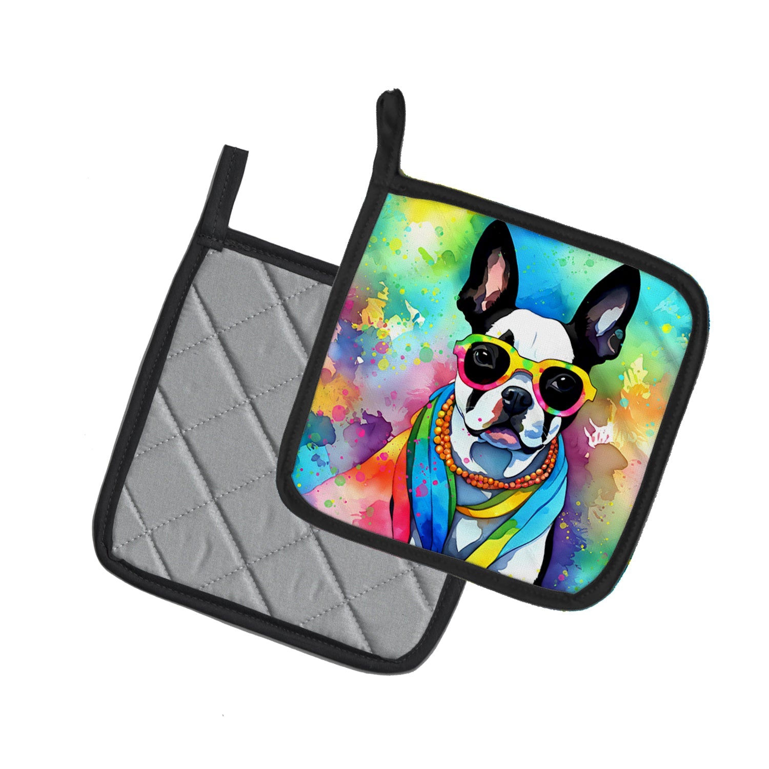 Boston Terrier Hippie Dawg Pot Holder Set of 2 Heat Resistant Quilted Hot Pads 7.5 x 7.5 Inch, Insulated Kitchen Trivets for Cooking & Baking