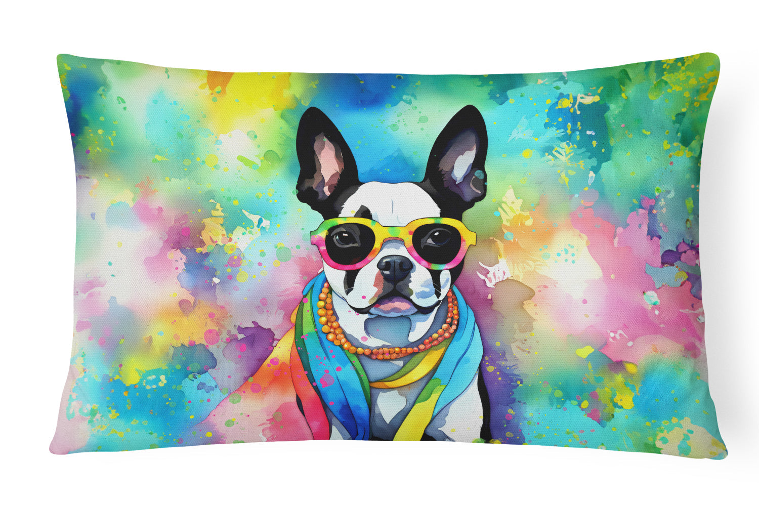 Boston Terrier Hippie Dawg Decorative Throw Pillow 12x16 Indoor Outdoor Accent Cushion, Fabric Cover with Insert for Sofa, Bed, Porch & Living Room