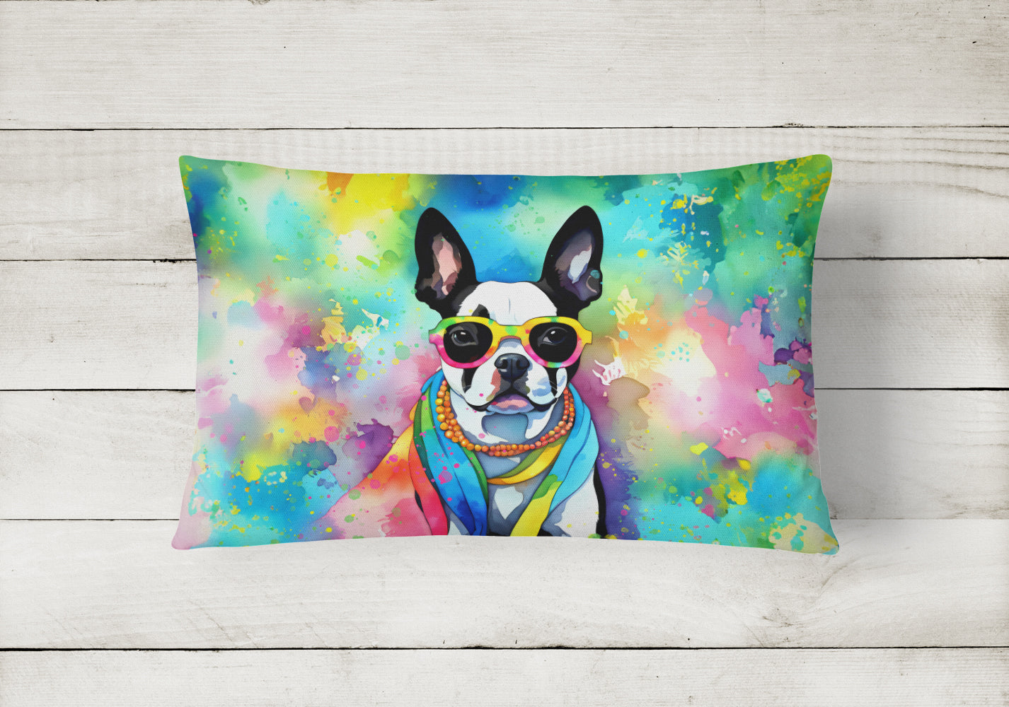 Boston Terrier Hippie Dawg Decorative Throw Pillow 12x16 Indoor Outdoor Accent Cushion, Fabric Cover with Insert for Sofa, Bed, Porch & Living Room