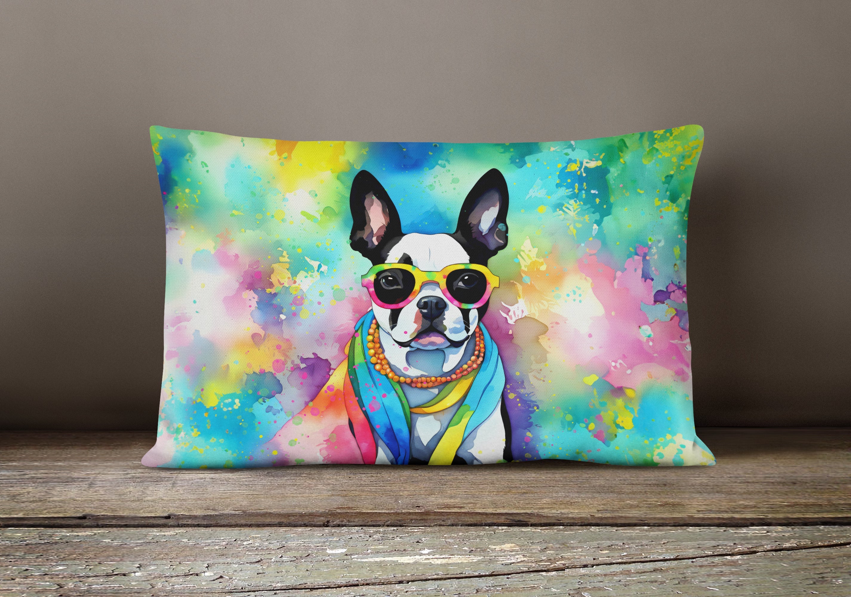 Boston Terrier Hippie Dawg Decorative Throw Pillow 12x16 Indoor Outdoor Accent Cushion, Fabric Cover with Insert for Sofa, Bed, Porch & Living Room