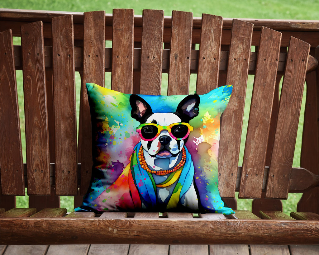 Boston Terrier Hippie Dawg Decorative Throw Pillow 14x14 Indoor Outdoor Accent Cushion, Fabric Cover with Insert for Sofa, Bed, Porch & Living Room