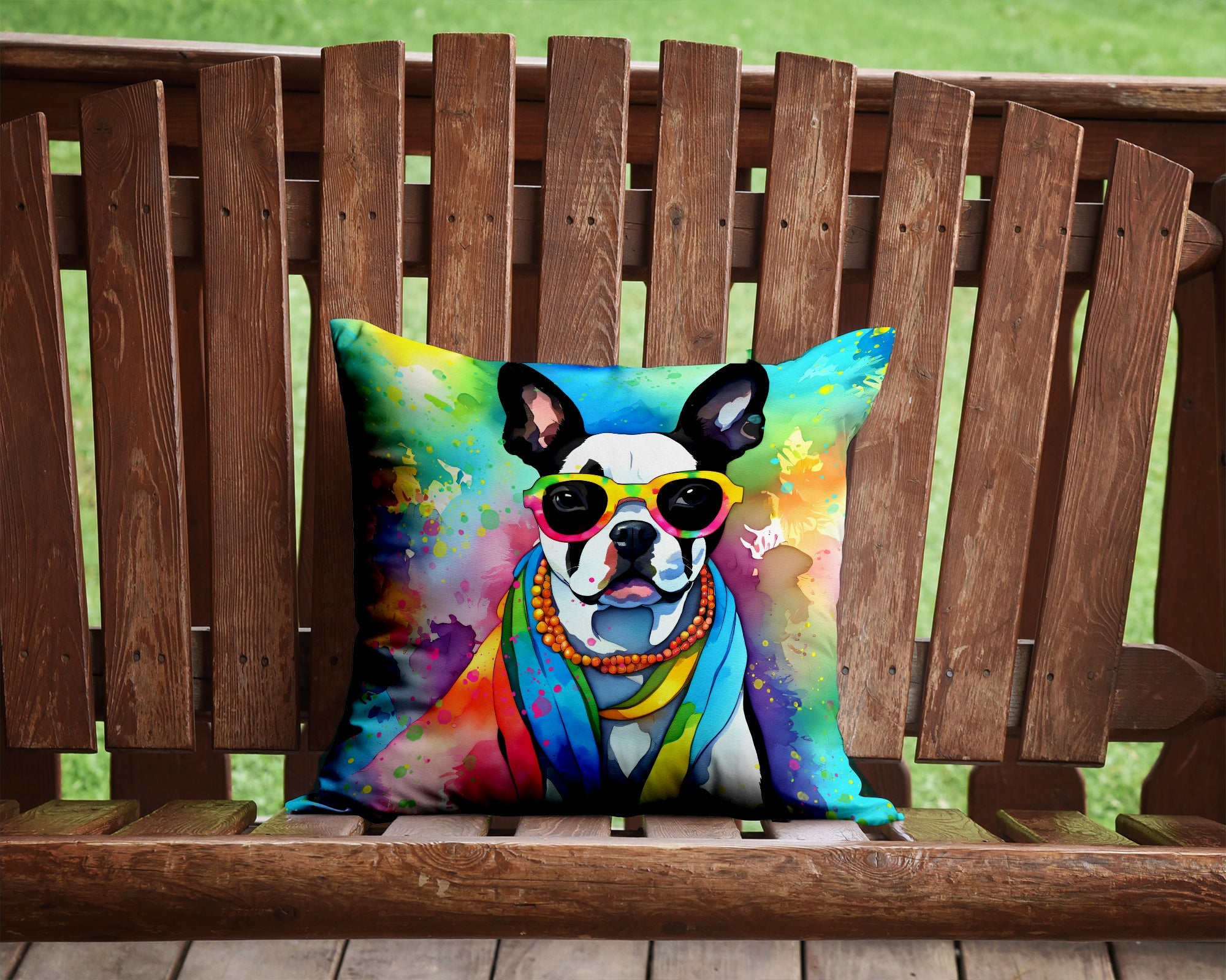 Boston Terrier Hippie Dawg Decorative Throw Pillow 14x14 Indoor Outdoor Accent Cushion, Fabric Cover with Insert for Sofa, Bed, Porch & Living Room
