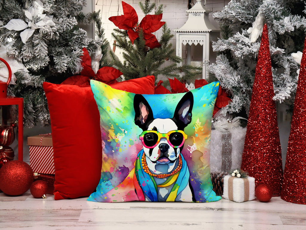 Boston Terrier Hippie Dawg Decorative Throw Pillow 18x18 Indoor Outdoor Accent Cushion, Fabric Cover with Insert for Sofa, Bed, Porch & Living Room
