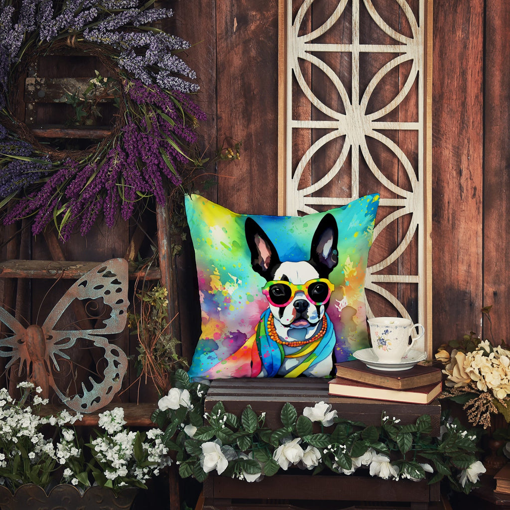 Boston Terrier Hippie Dawg Decorative Throw Pillow 18x18 Indoor Outdoor Accent Cushion, Fabric Cover with Insert for Sofa, Bed, Porch & Living Room
