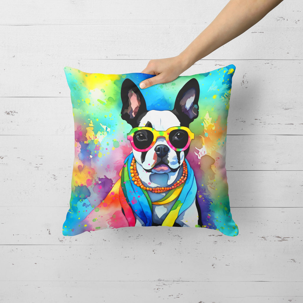Boston Terrier Hippie Dawg Decorative Throw Pillow 18x18 Indoor Outdoor Accent Cushion, Fabric Cover with Insert for Sofa, Bed, Porch & Living Room