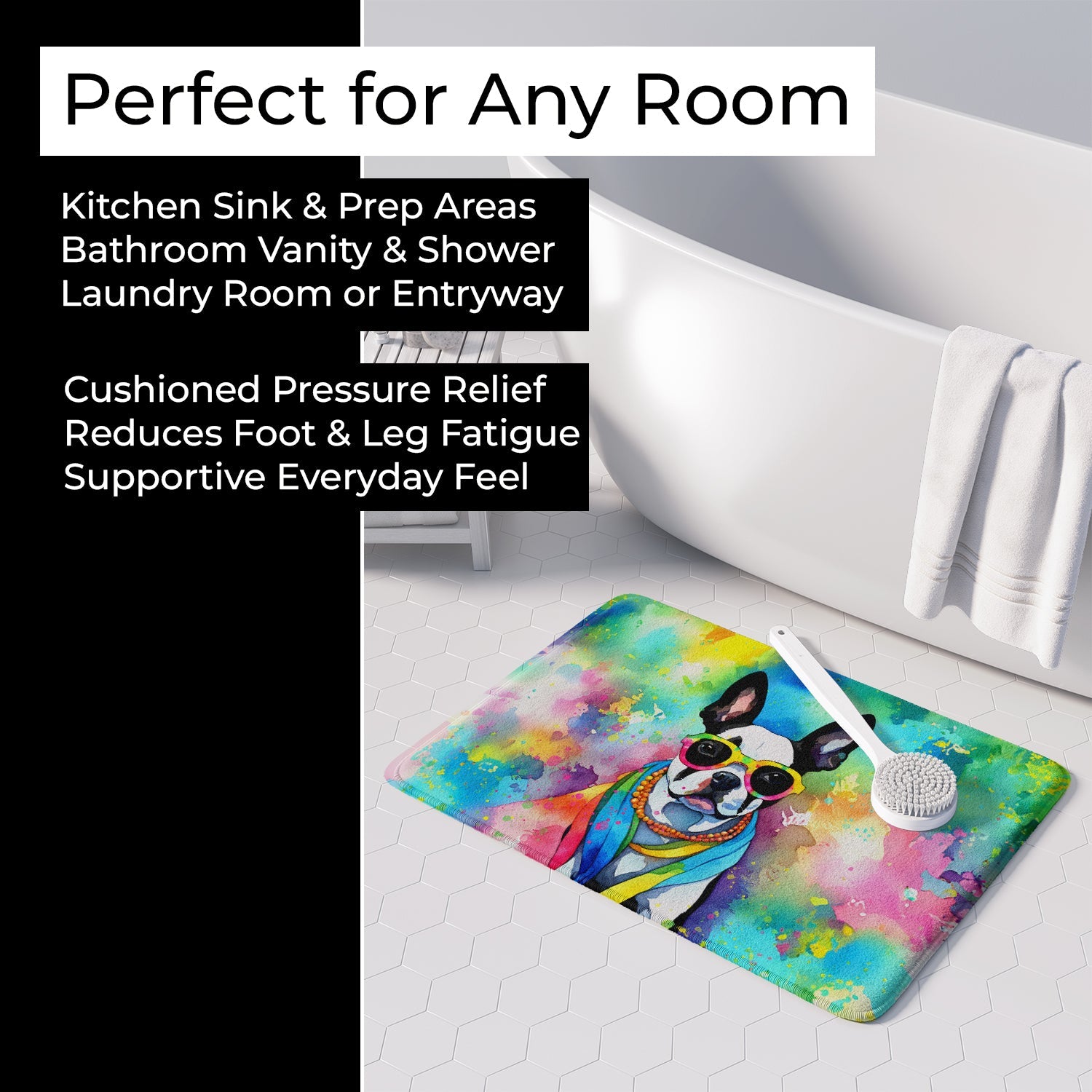Boston Terrier Hippie Dawg Memory Foam Kitchen Mat Machine Washable Anti-Fatigue Cushion Comfort Bath or Kitchen Rug