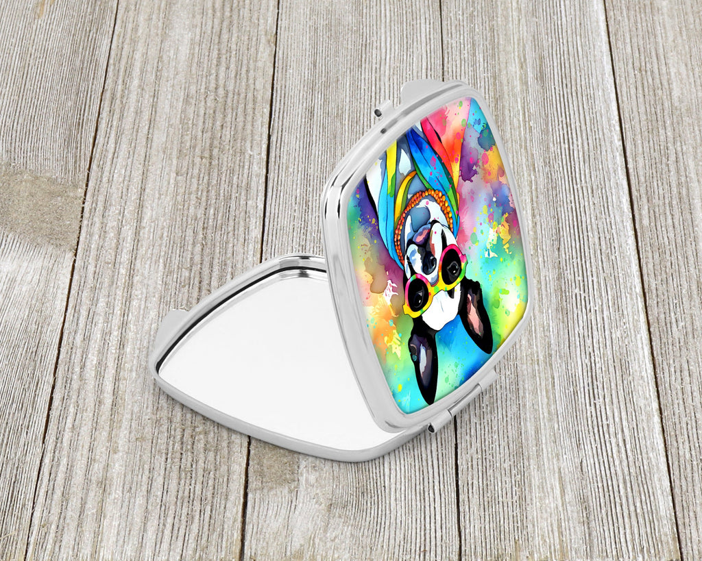 Boston Terrier Hippie Dawg Compact Mirror Decorative Travel Makeup Mirror for Women Girls Gifts Pocket Makeup Mirror Folding Handheld