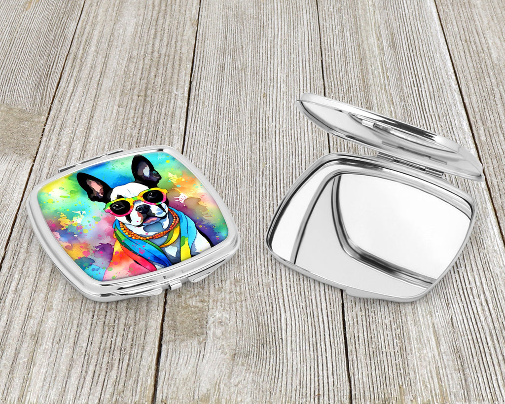Boston Terrier Hippie Dawg Compact Mirror Decorative Travel Makeup Mirror for Women Girls Gifts Pocket Makeup Mirror Folding Handheld