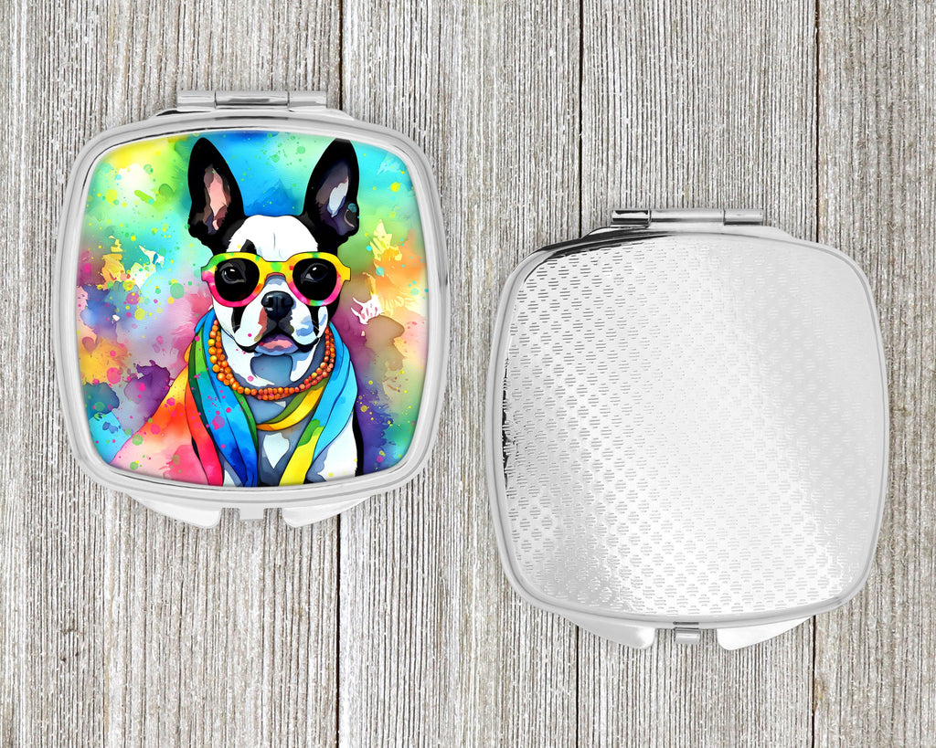 Boston Terrier Hippie Dawg Compact Mirror Decorative Travel Makeup Mirror for Women Girls Gifts Pocket Makeup Mirror Folding Handheld